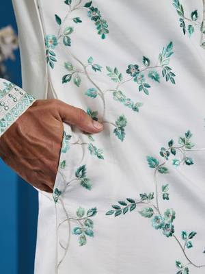 White viscose silk thread with sequence embroidered work kurta only 4