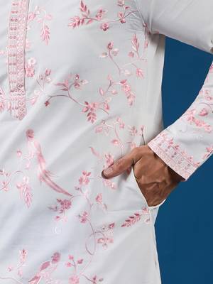 White viscose silk thread with sequence embroidered work kurta only 5