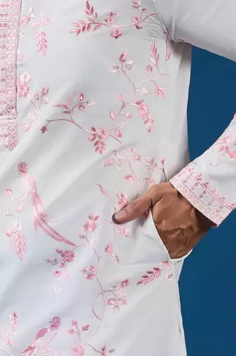 White viscose silk thread with sequence embroidered work kurta only