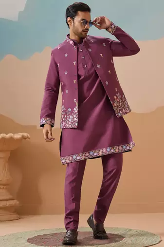 Dusty pink viscose silk multi thread with sequence embroidered work kurta jacket & bottom
