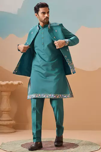 Rama green viscose silk multi thread with sequence embroidered work kurta jacket & bottom