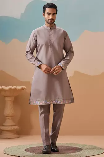 Grey viscose silk multi thread with sequence embroidered work kurta jacket & bottom