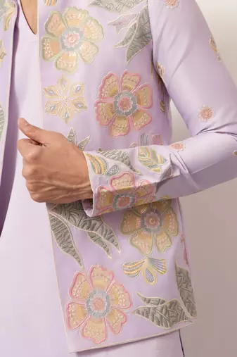 Pink satin silk thread with sequence embroidered work kurta jacket & bottom