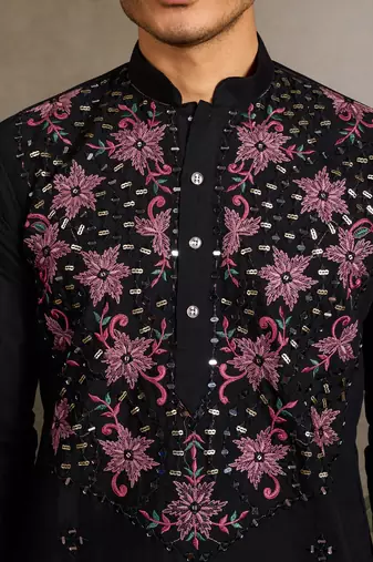 Black viscose silk real mirror with thread & sequence embroidered work kurta only
