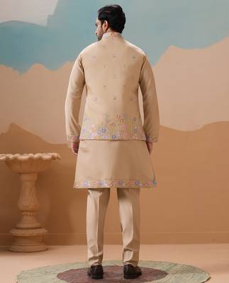 Beige viscose silk multi thread with sequence embroidered work kurta jacket & bottom 4