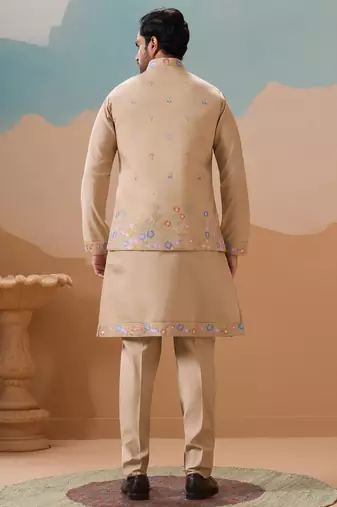 Beige viscose silk multi thread with sequence embroidered work kurta jacket & bottom
