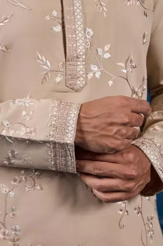 Beige viscose silk thread with sequence embroidered work kurta only