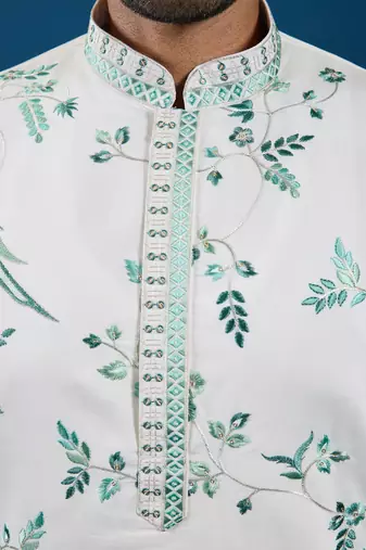 White viscose silk thread with sequence embroidered work kurta only