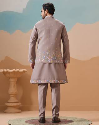 Grey viscose silk multi thread with sequence embroidered work kurta jacket & bottom 4