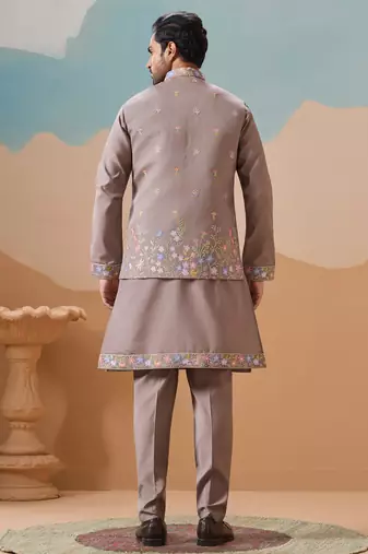 Grey viscose silk multi thread with sequence embroidered work kurta jacket & bottom