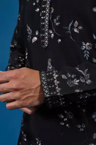 Black viscose silk thread with sequence embroidered work kurta only