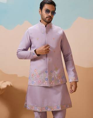 Lavender viscose silk multi thread with sequence embroidered work kurta jacket & bottom 5