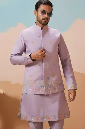 Lavender viscose silk multi thread with sequence embroidered work kurta jacket & bottom