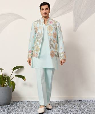 Pista green satin silk thread with sequence embroidered work kurta jacket & bottom 5