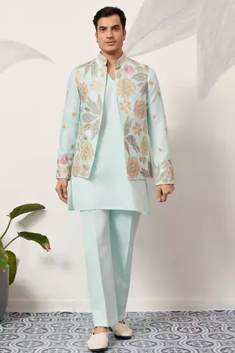 Pista green satin silk thread with sequence embroidered work kurta jacket & bottom