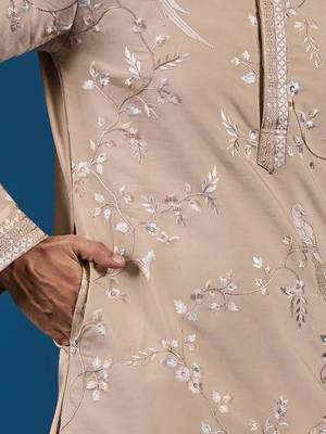 Beige viscose silk thread with sequence embroidered work kurta only 5