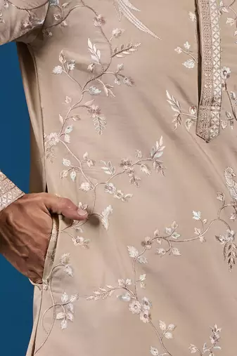 Beige viscose silk thread with sequence embroidered work kurta only