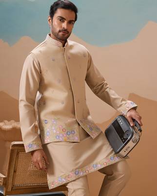 Beige viscose silk multi thread with sequence embroidered work kurta jacket & bottom 5