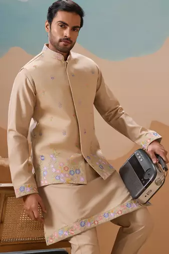 Beige viscose silk multi thread with sequence embroidered work kurta jacket & bottom