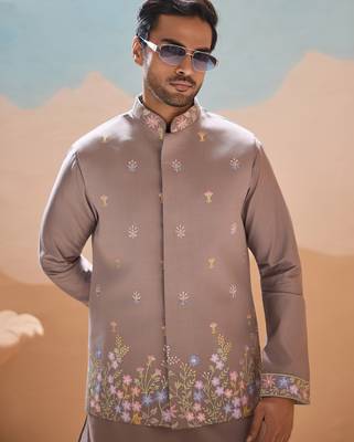 Grey viscose silk multi thread with sequence embroidered work kurta jacket & bottom 5