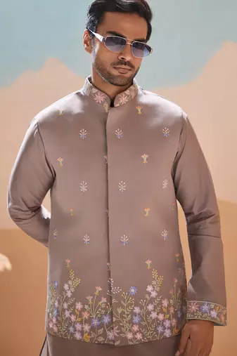 Grey viscose silk multi thread with sequence embroidered work kurta jacket & bottom