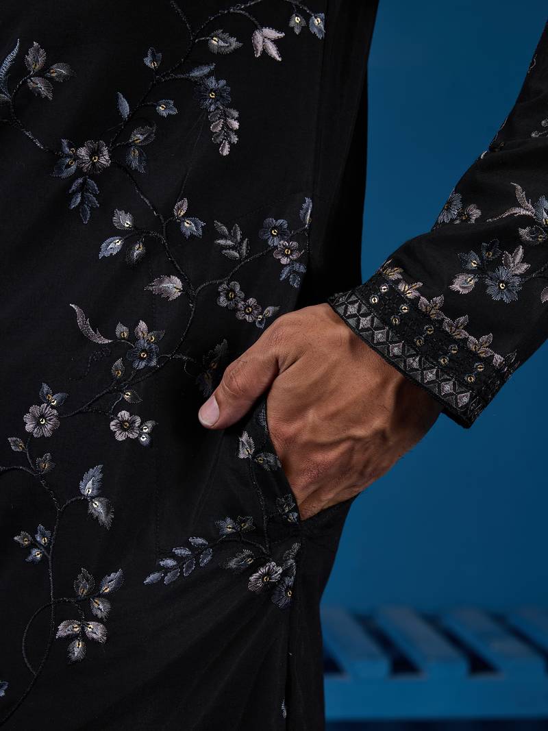 Black viscose silk thread with sequence embroidered work kurta only