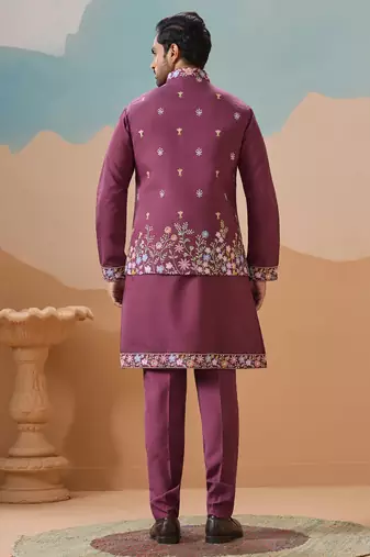 Dusty pink viscose silk multi thread with sequence embroidered work kurta jacket & bottom