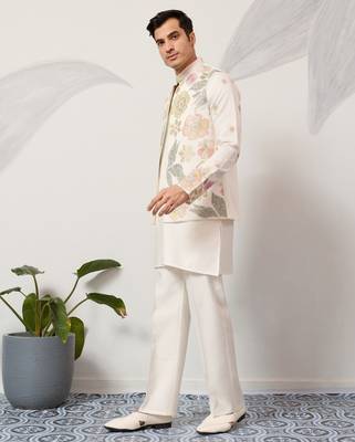 White satin silk thread with sequence embroidered work kurta jacket & bottom 4
