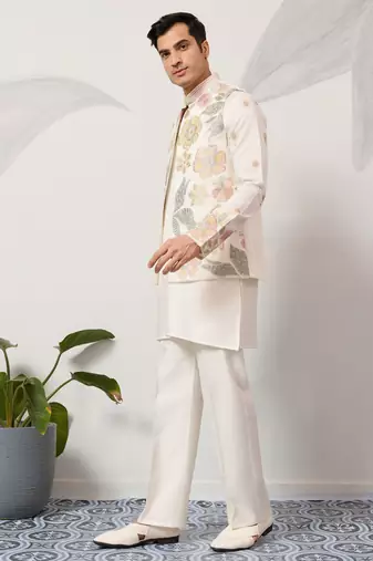 White satin silk thread with sequence embroidered work kurta jacket & bottom
