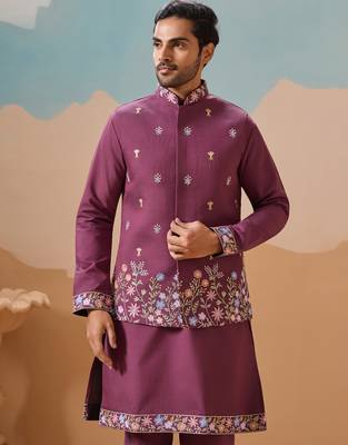 Dusty pink viscose silk multi thread with sequence embroidered work kurta jacket & bottom 5