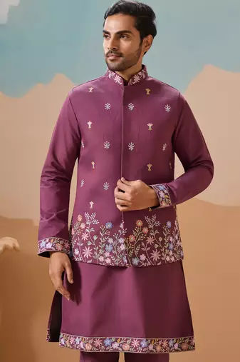 Dusty pink viscose silk multi thread with sequence embroidered work kurta jacket & bottom