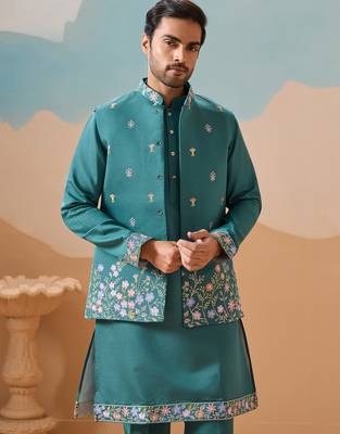 Rama green viscose silk multi thread with sequence embroidered work kurta jacket & bottom 5