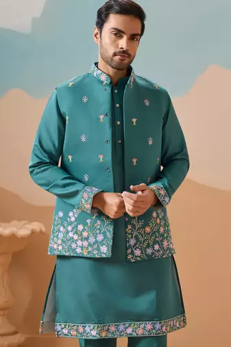 Rama green viscose silk multi thread with sequence embroidered work kurta jacket & bottom