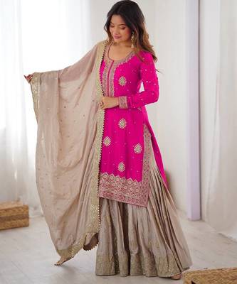 Hot Pink Chinon Silk Kurta with Sharara & Dupatta 1