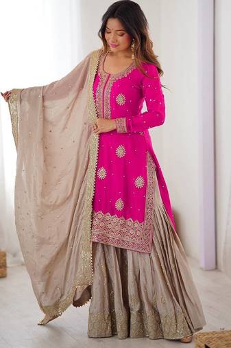 Hot Pink Chinon Silk Kurta with Sharara & Dupatta