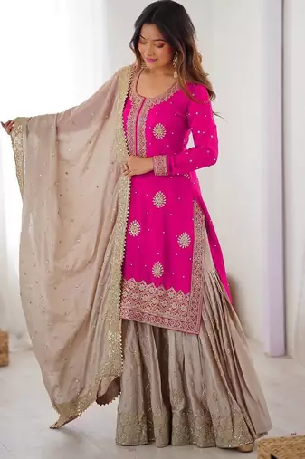 Hot Pink Chinon Silk Kurta with Sharara & Dupatta