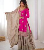Hot Pink Chinon Silk Kurta with Sharara & Dupatta
