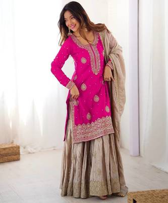 Hot Pink Chinon Silk Kurta with Sharara & Dupatta 2