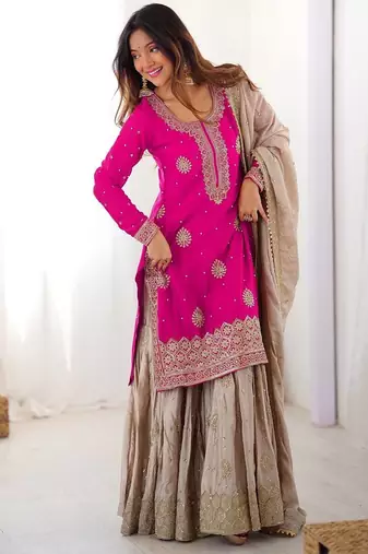 Hot Pink Chinon Silk Kurta with Sharara & Dupatta