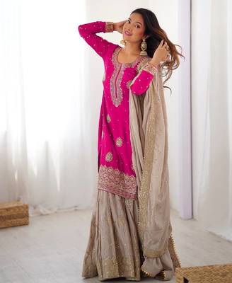 Hot Pink Chinon Silk Kurta with Sharara & Dupatta 3