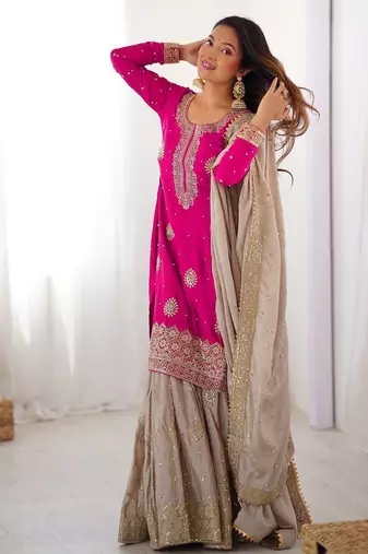 Hot Pink Chinon Silk Kurta with Sharara & Dupatta