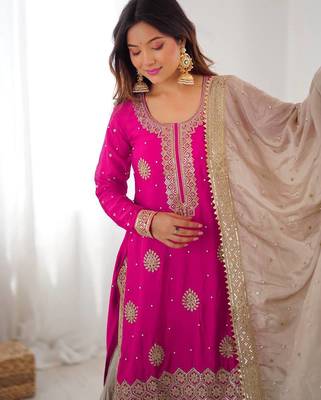 Hot Pink Chinon Silk Kurta with Sharara & Dupatta 4