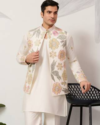 White satin silk thread with sequence embroidered work kurta jacket & bottom 5