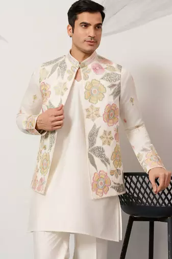 White satin silk thread with sequence embroidered work kurta jacket & bottom