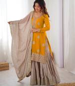 Mustard Chinon Embroidered Kurta Sharara Set