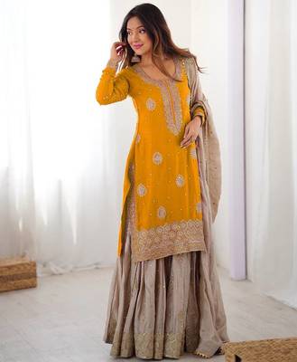 Mustard Chinon Embroidered Kurta Sharara Set 2