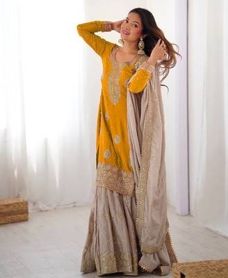 Mustard Chinon Embroidered Kurta Sharara Set 3