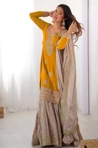 Mustard Chinon Embroidered Kurta Sharara Set