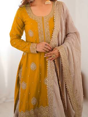 Mustard Chinon Embroidered Kurta Sharara Set 4