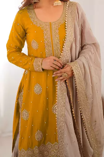 Mustard Chinon Embroidered Kurta Sharara Set
